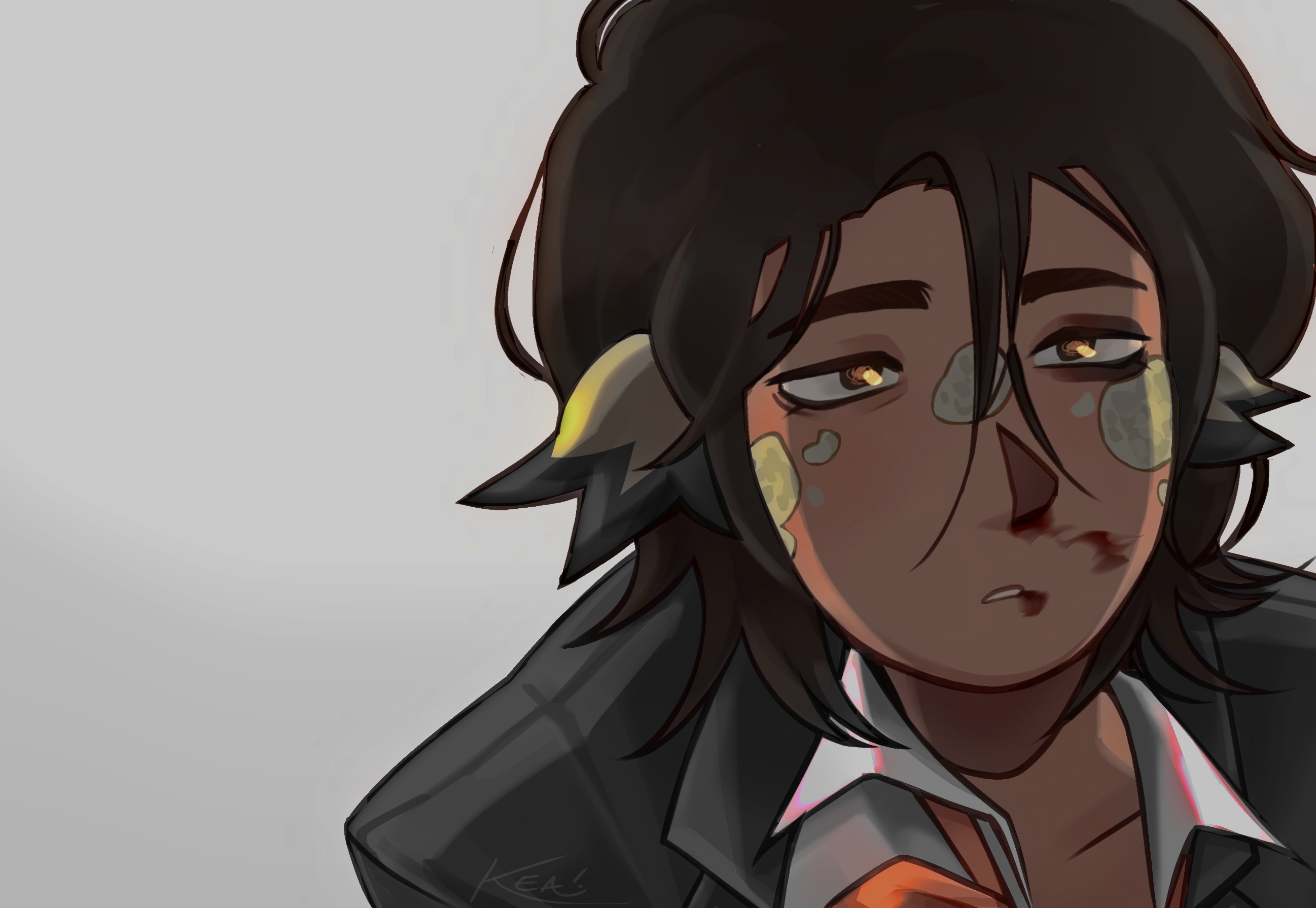 Vee in Luz-form after being beaten up at school (with a black eye, bloody nose and what seems to be a spilt open lip). She physically is shown to be in distress with her face scales and ears showing, despite this her facial expression is a mix between neutral and tired.  